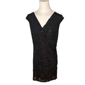 Black Lace Sequin Ruched Sheath Cocktail Evening Dress‎ Lauren Ralph Lauren 16W